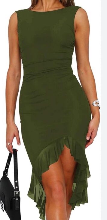 Unbranded Dresses & Skirts - No Brand Olive Sleeveless Bodycon Dress Ruched Asymmetric Ruffle Hem Size Med